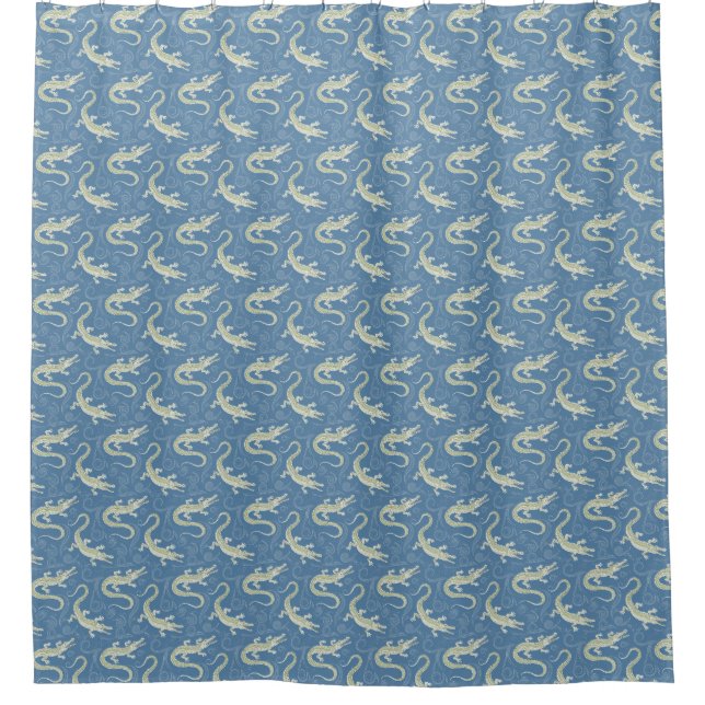 Playful Green Alligator Paisley on Blue Shower Curtain (Front)