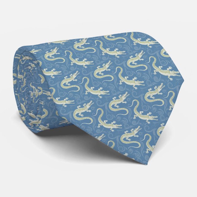 Playful Green Alligator Paisley on Blue Tie (Rolled)