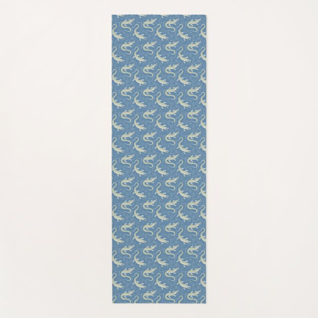 Playful Green Alligator Paisley on Blue Yoga Mat (Front)