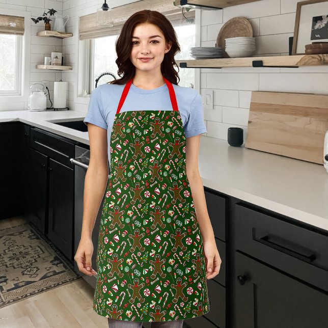 Playful Green Festive Gingerbread Candy Pattern Apron (Creator Uploaded)