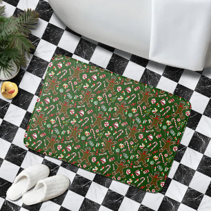 Playful Green Festive Gingerbread Candy Pattern Bath Mat