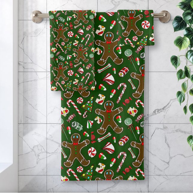 Playful Green Festive Gingerbread Candy Pattern Bath Towel Set (Creator Uploaded)