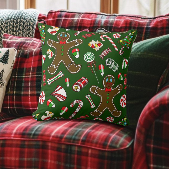 Playful Green Festive Gingerbread Candy Pattern Cushion (Creator Uploaded)