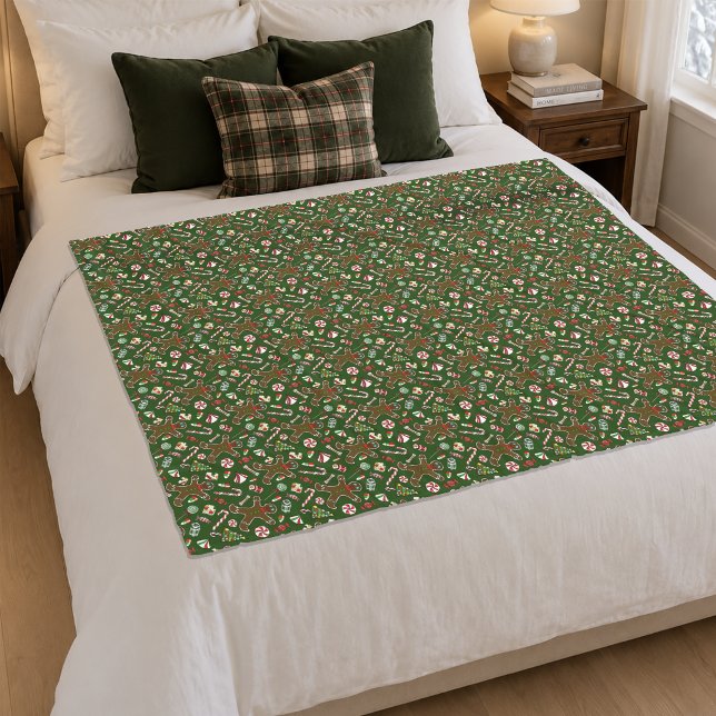 Playful Green Festive Gingerbread Candy Pattern Fleece Blanket (Creator Uploaded)