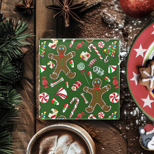 Playful Green Festive Gingerbread Candy Pattern Glass Coaster