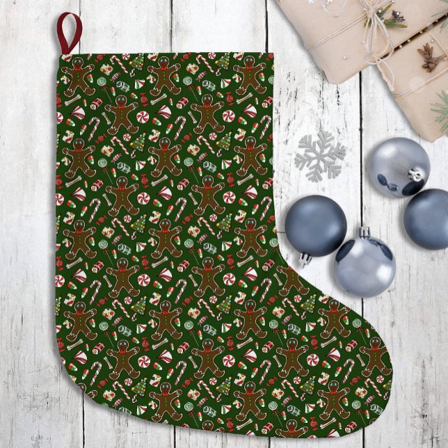 Playful Green Festive Gingerbread Candy Pattern Large Christmas Stocking (Creator Uploaded)