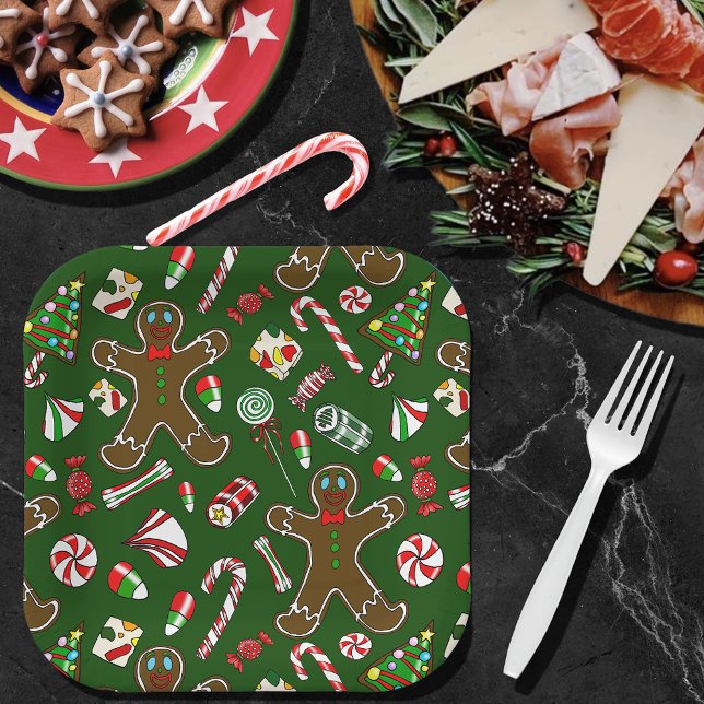 Playful Green Festive Gingerbread Candy Pattern Paper Plate (Creator Uploaded)