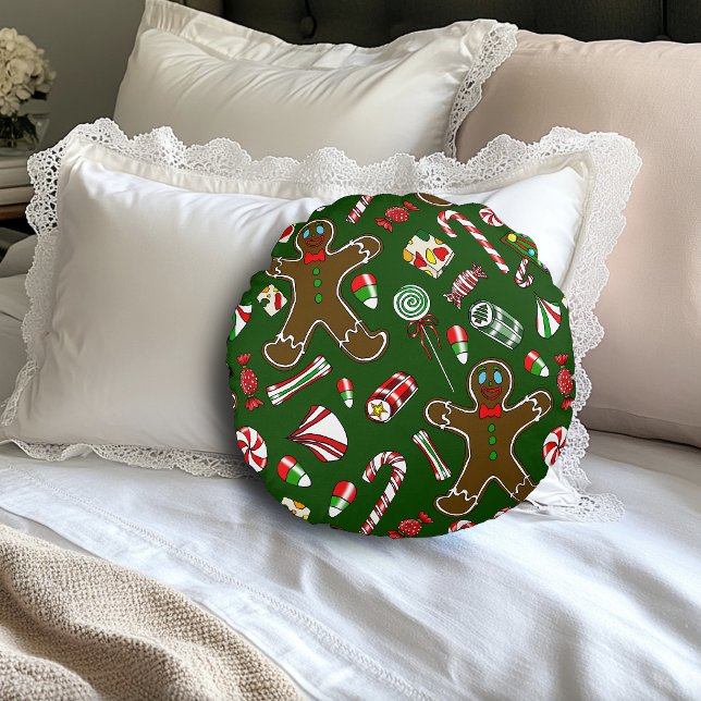 Playful Green Festive Gingerbread Candy Pattern Round Cushion (Creator Uploaded)