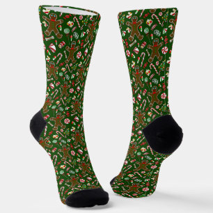 Playful Green Festive Gingerbread Candy Pattern Socks