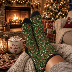 Playful Green Festive Gingerbread Candy Pattern Socks