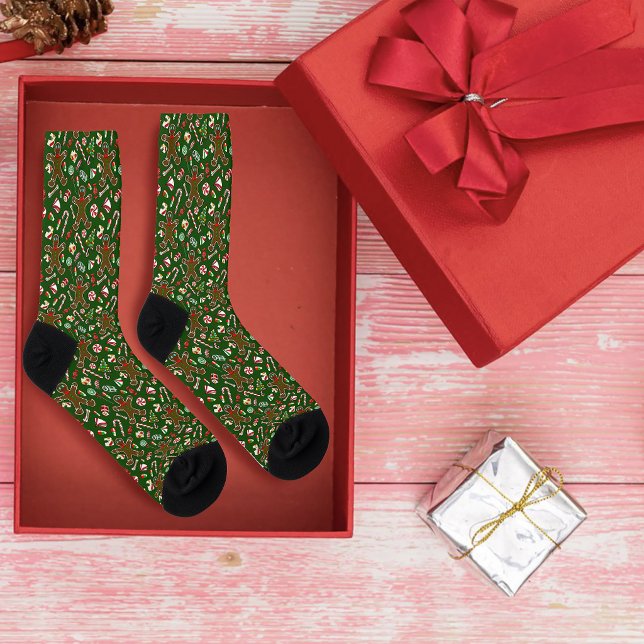 Playful Green Festive Gingerbread Candy Pattern Socks (Creator Uploaded)