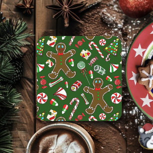 Playful Green Festive Gingerbread Candy Pattern Square Paper Coaster