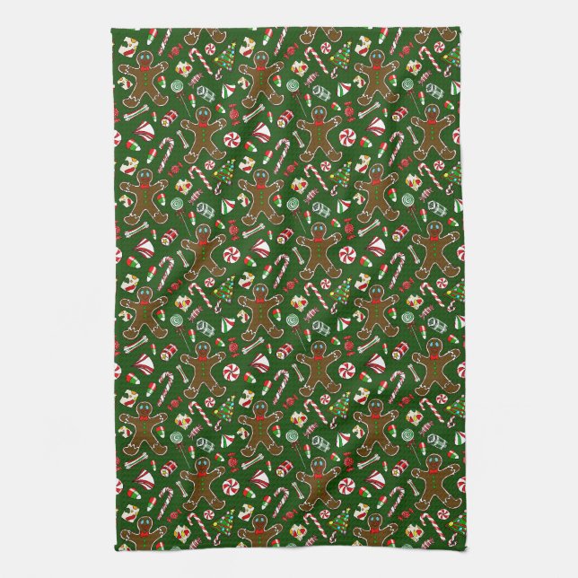 Playful Green Festive Gingerbread Candy Pattern Tea Towel (Vertical)