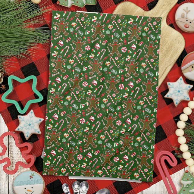 Playful Green Festive Gingerbread Candy Pattern Tea Towel (Creator Uploaded)