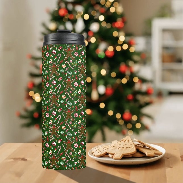 Playful Green Festive Gingerbread Candy Pattern Thermal Tumbler (Creator Uploaded)