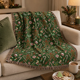 Playful Green Festive Gingerbread Candy Pattern Throw Blanket