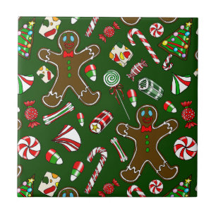 Playful Green Festive Gingerbread Candy Pattern Tile