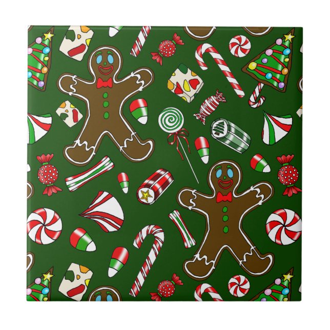 Playful Green Festive Gingerbread Candy Pattern Tile (Front)