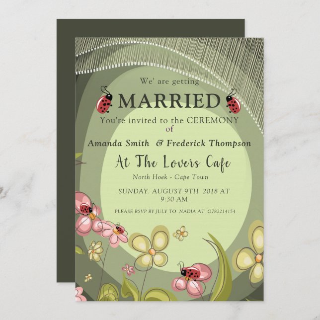Playful Green & Lady-bird Wedding Invitation (Front/Back)