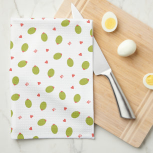 Playful Green Olives, Hearts, & Initials Pattern Tea Towel