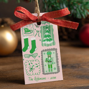Playful Green Pink Hand Drawn Doodle Christmas Gift Tags