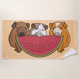Playful Guinea Pigs and Watermelon Illustration Beach Towel