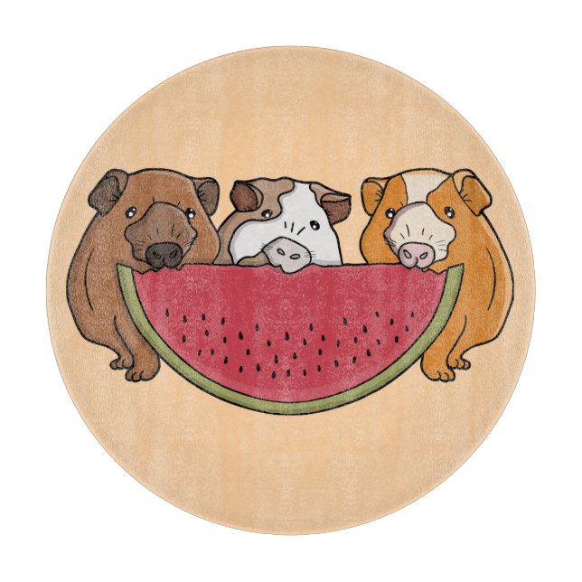Playful Guinea Pigs and Watermelon Illustration Cutting Board (Front)