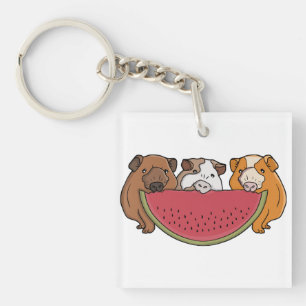Playful Guinea Pigs and Watermelon Illustration Key Ring
