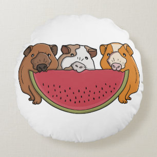 Playful Guinea Pigs and Watermelon Illustration Round Cushion