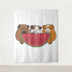 Playful Guinea Pigs and Watermelon Illustration Tapestry