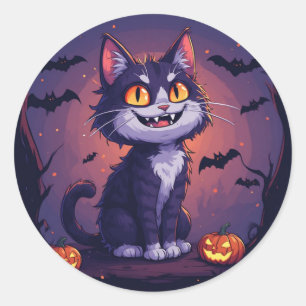 Playful Halloween Cat With Pumpkins And Bats 🎃 Classic Round Sticker