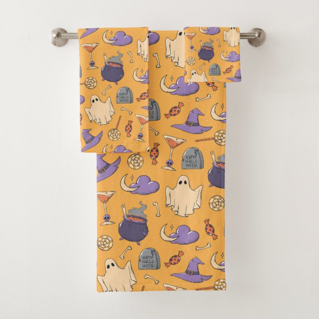 Playful Halloween Ghosts and Witches Pattern Bath Towel Set (Insitu)