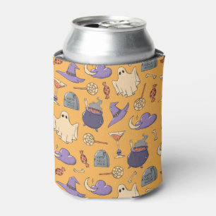 Playful Halloween Ghosts and Witches Pattern Can Cooler