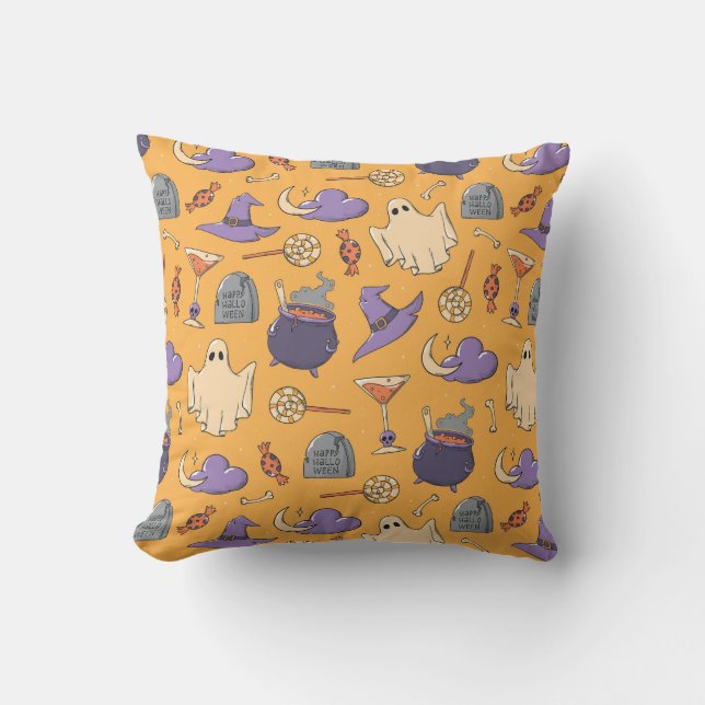 Playful Halloween Ghosts and Witches Pattern Cushion (Front)