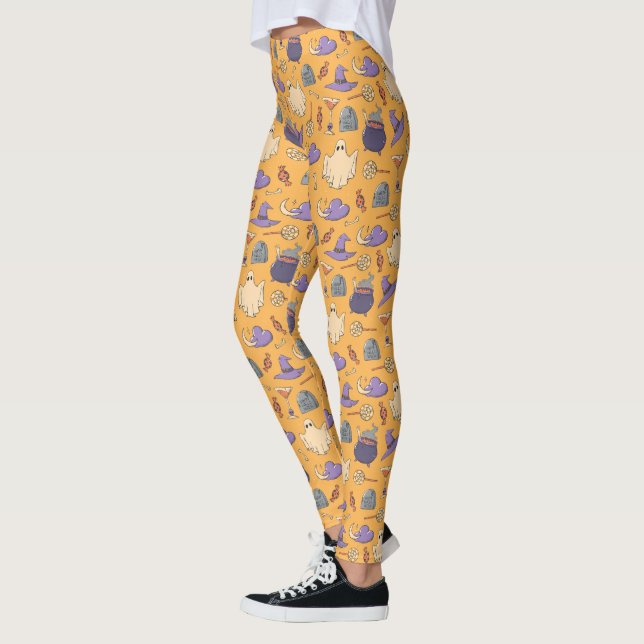 Playful Halloween Ghosts and Witches Pattern Leggings (Left)