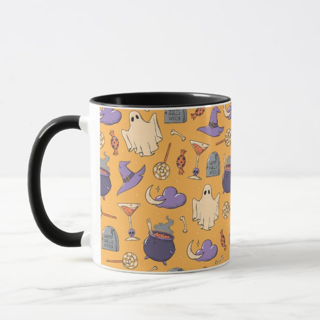 Playful Halloween Ghosts and Witches Pattern Mug (Left)