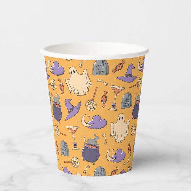 Playful Halloween Ghosts and Witches Pattern Paper Cups (Front)