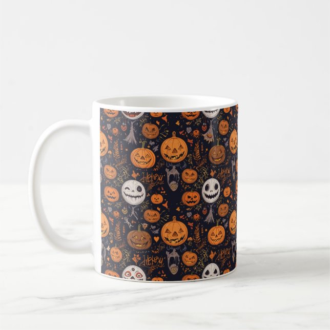 Playful Halloween Pumpkin & Skull Pattern - Hallow Coffee Mug (Left)