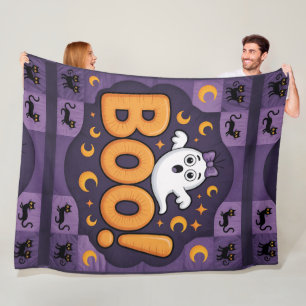 Playful Halloween Quilt, Fleece Blanket –Boo!