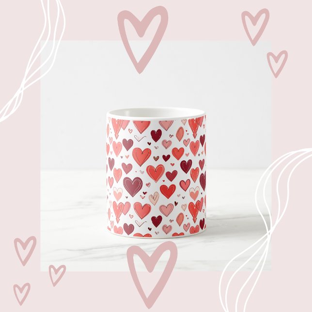 Playful hand drawn red hearts pattern on white  coffee mug (Creator Uploaded)