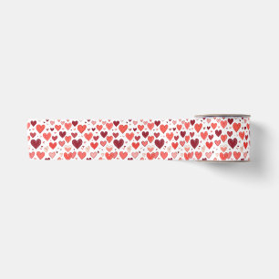 Playful hand drawn red hearts pattern on white satin ribbon