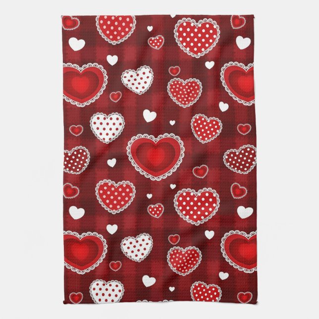 Playful Hand-Drawn Valentine Hearts Pattern (10) Tea Towel (Vertical)
