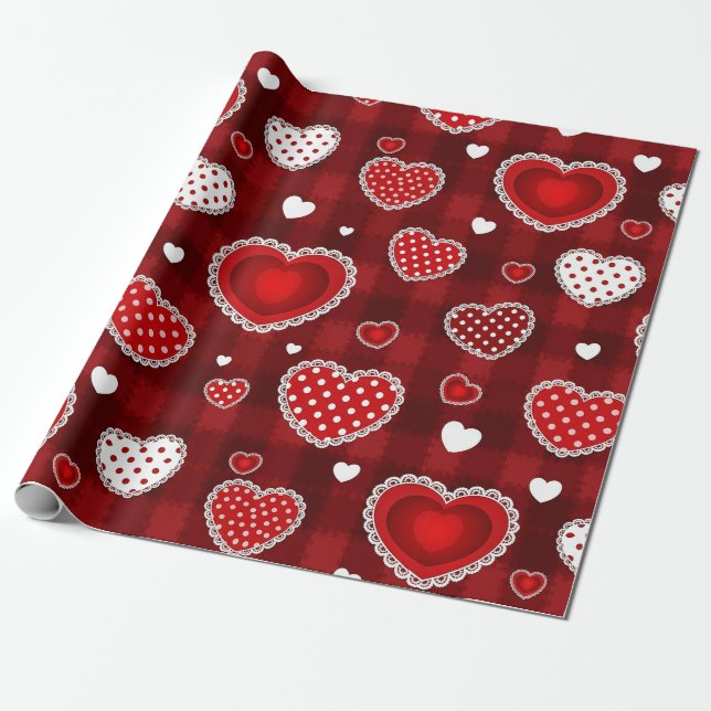 Playful Hand-Drawn Valentine Hearts Pattern (10) Wrapping Paper (Unrolled)