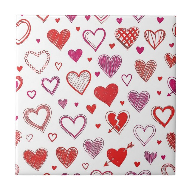 Playful Hand-Drawn Valentine Hearts Pattern Tile (Front)