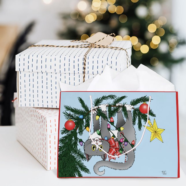 Playful Hanging Christmas Tree Grey Cat Large Gift Bag (Creator Uploaded)
