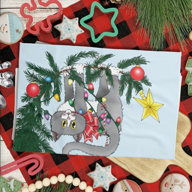Playful Hanging Christmas Tree Grey Cat Tea Towel (Creator Uploaded)