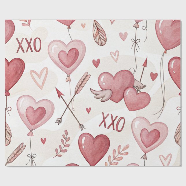 Playful Heart Balloons XOXO Valentine Wrapping Paper (Flat)