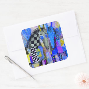 Playful Hearts And Chequerboard Horses Square Sticker