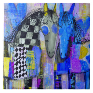 Playful Hearts And Chequerboard Horses Tile