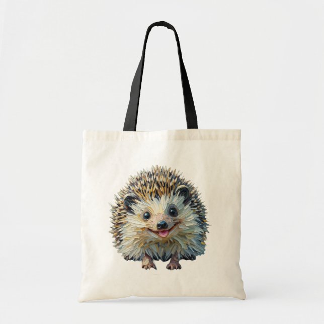 Playful Hedgehog Tote Bag Oil Painting Style (Front)